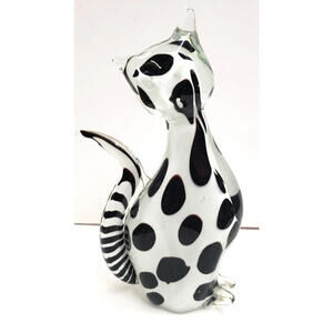 Art Glass Cat White & Black Polka Dot & Stripes Encased in Clear Glass 9.5"